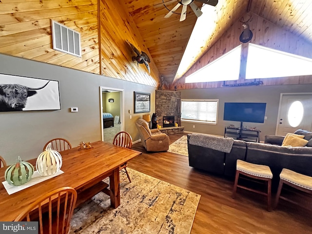 dining space with ceiling fan, a stone fireplace, high vaulted ceiling, wooden ceiling, and hardwood / wood-style floors