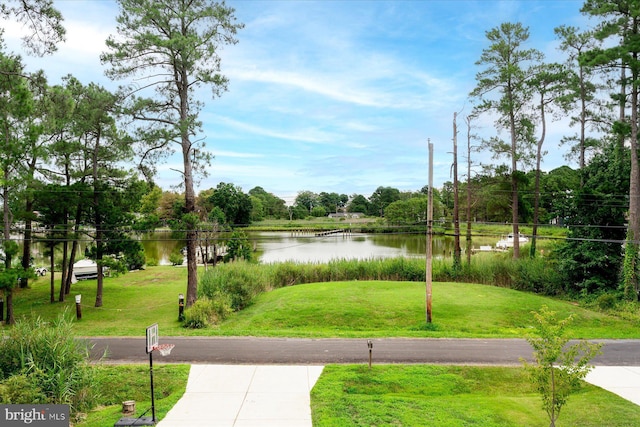 view of community with a water view