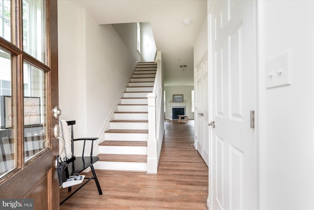 stairway featuring wood-type flooring