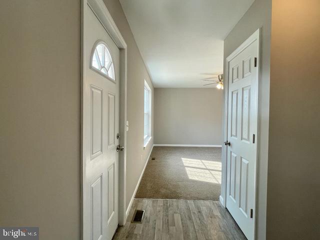 foyer featuring carpet floors and ceiling fan