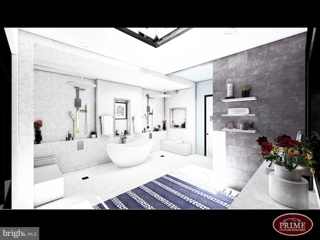 bathroom featuring vanity, tile walls, and tile patterned flooring