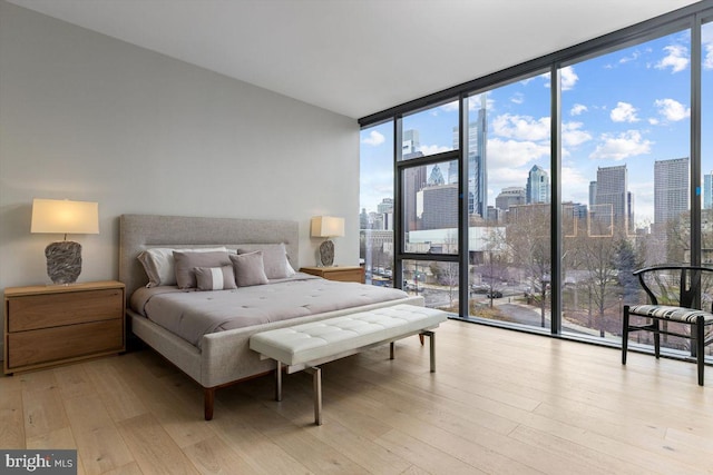 bedroom featuring expansive windows and light wood-type flooring