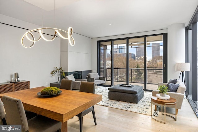 dining space featuring a wall of windows, a chandelier, and light wood-type flooring