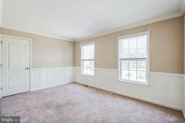 unfurnished room with light carpet, ornamental molding, and a healthy amount of sunlight