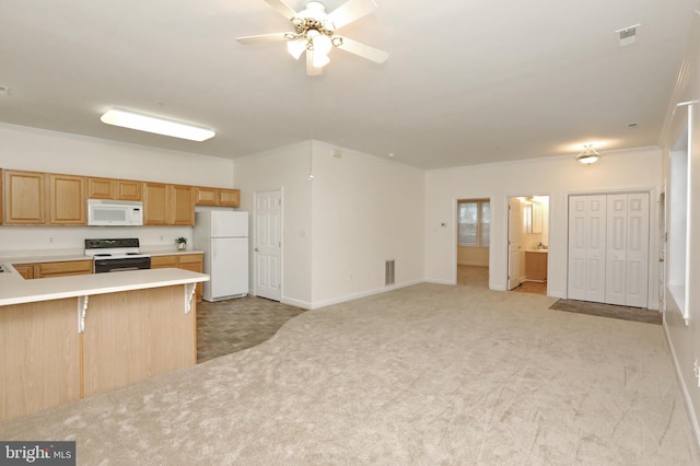 kitchen featuring white appliances, kitchen peninsula, a breakfast bar, and light colored carpet