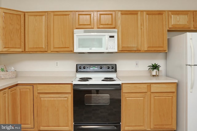 kitchen with white appliances and light brown cabinetry