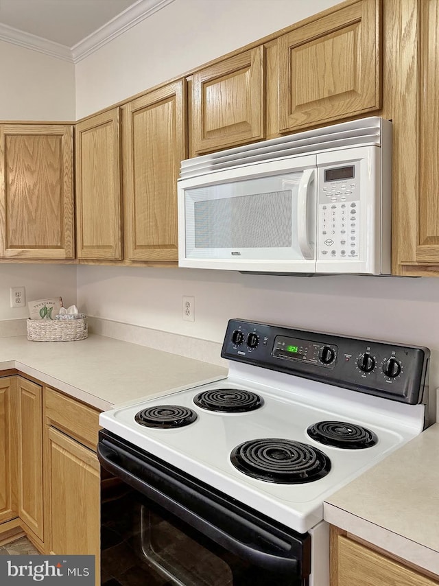 kitchen featuring crown molding, light brown cabinetry, and electric range oven