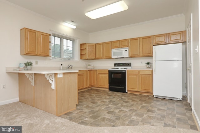 kitchen with white appliances, a kitchen bar, ornamental molding, and kitchen peninsula