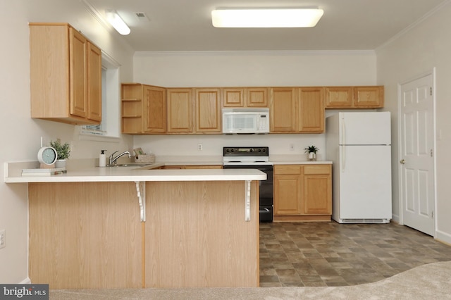 kitchen featuring ornamental molding, kitchen peninsula, white appliances, and light brown cabinets