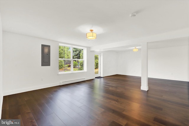 unfurnished living room featuring a baseboard radiator, dark hardwood / wood-style flooring, and electric panel