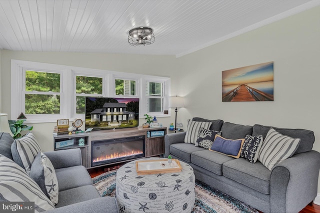 living room with wood-type flooring and vaulted ceiling