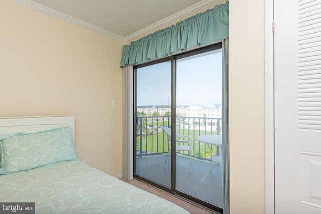 bedroom featuring ceiling fan, access to exterior, light carpet, and a textured ceiling