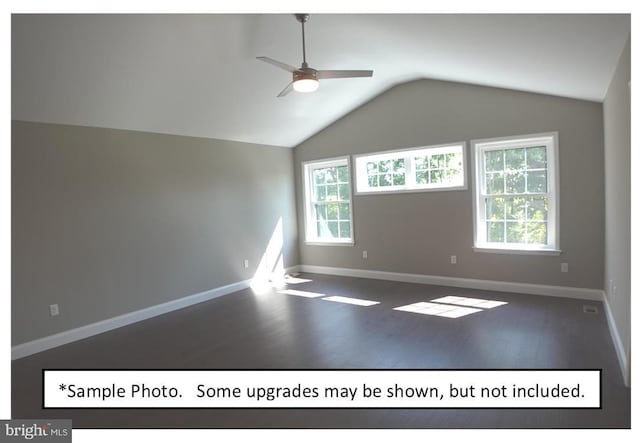 interior space featuring hardwood / wood-style flooring, a healthy amount of sunlight, vaulted ceiling, and ceiling fan