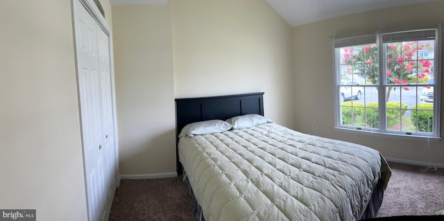 carpeted bedroom with a closet and vaulted ceiling