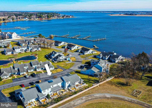 drone / aerial view featuring a water view