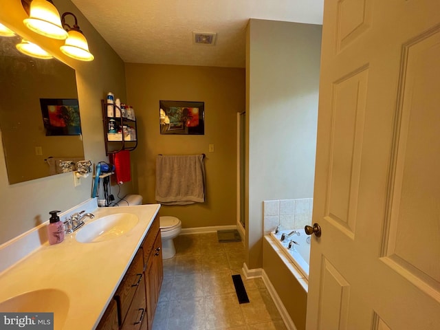 full bathroom with vanity, toilet, a textured ceiling, and plus walk in shower