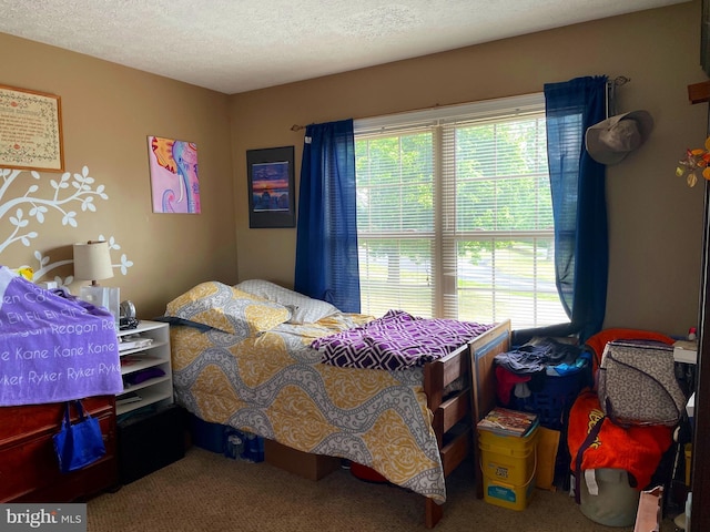 bedroom with carpet and a textured ceiling