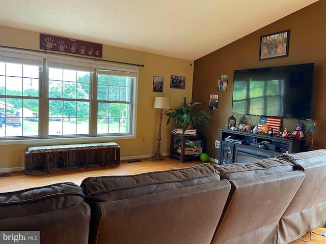 living room with hardwood / wood-style flooring, lofted ceiling, and a healthy amount of sunlight