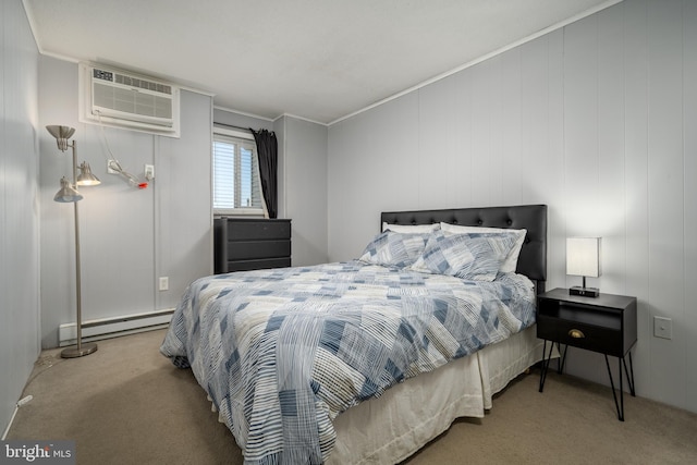 bedroom with crown molding, an AC wall unit, a baseboard heating unit, and light colored carpet