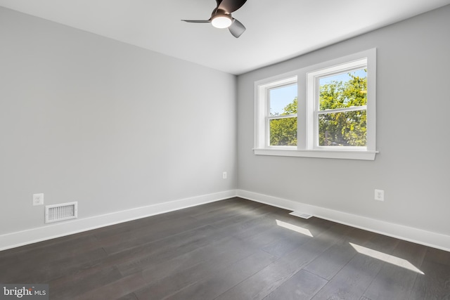 empty room featuring ceiling fan and dark wood-type flooring