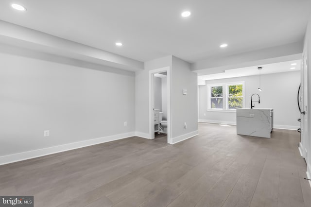 unfurnished living room featuring sink and wood-type flooring