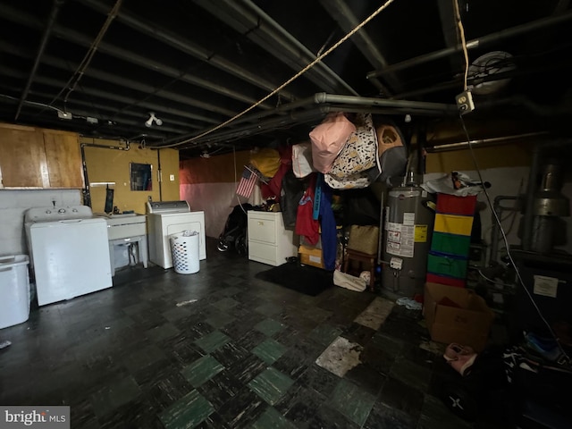 basement featuring independent washer and dryer, water heater, and electric panel