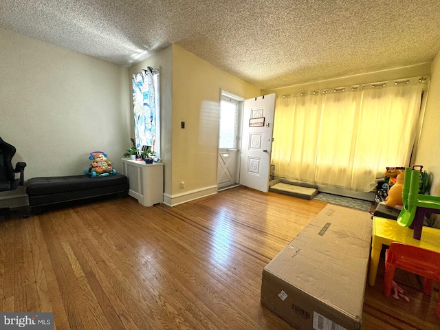 interior space featuring light wood-type flooring and a textured ceiling