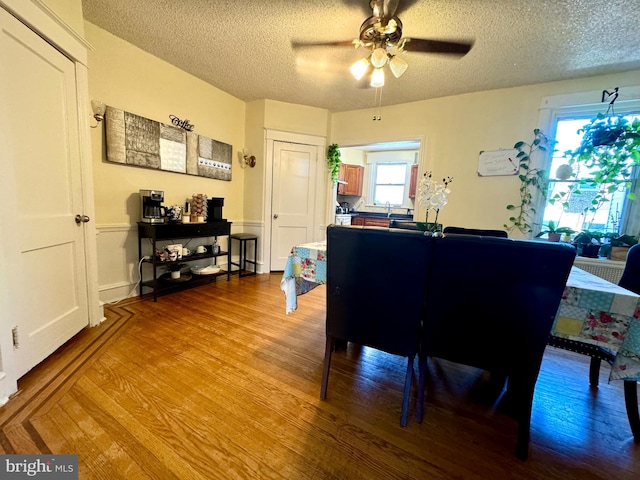 living room with hardwood / wood-style floors, ceiling fan, and a textured ceiling