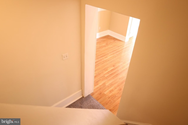 bathroom with wood-type flooring and a skylight