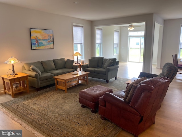 living room featuring wood-type flooring and ceiling fan