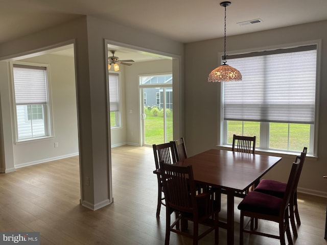 dining area with ceiling fan, a healthy amount of sunlight, and hardwood / wood-style floors