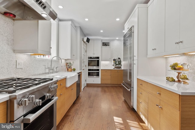 kitchen with white cabinetry, high end appliances, custom exhaust hood, and light hardwood / wood-style floors