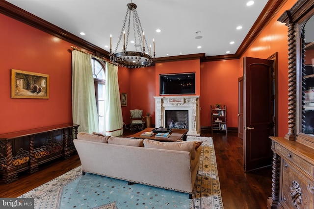 living room with ornamental molding and dark hardwood / wood-style floors