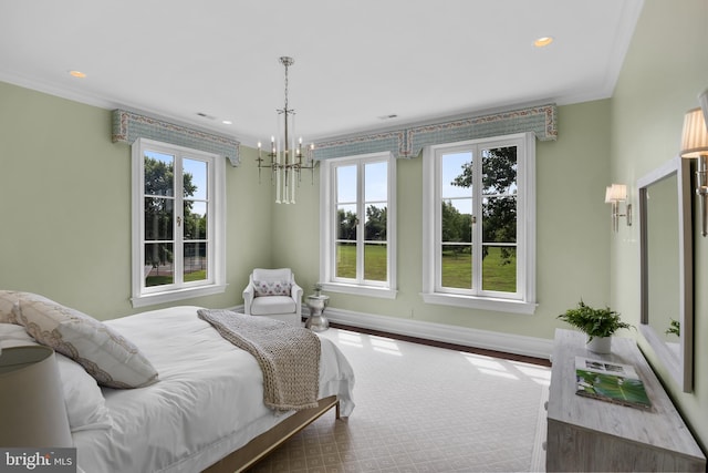 bedroom with a notable chandelier, dark wood-type flooring, and ornamental molding