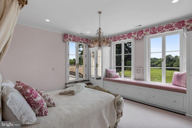 carpeted bedroom featuring ornamental molding