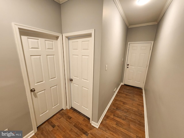 hall with crown molding and dark hardwood / wood-style flooring