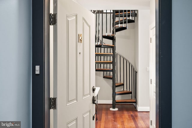 stairway featuring hardwood / wood-style flooring