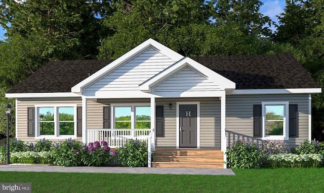 view of front facade with covered porch and a front lawn