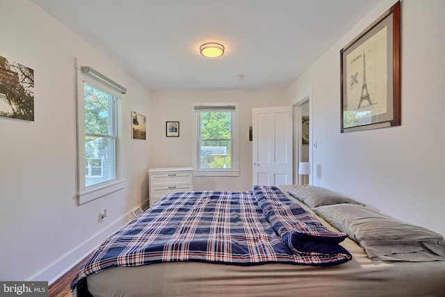 bedroom featuring hardwood / wood-style flooring and multiple windows