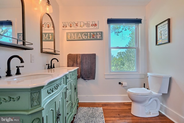 bathroom featuring plenty of natural light, toilet, wood-type flooring, and vanity