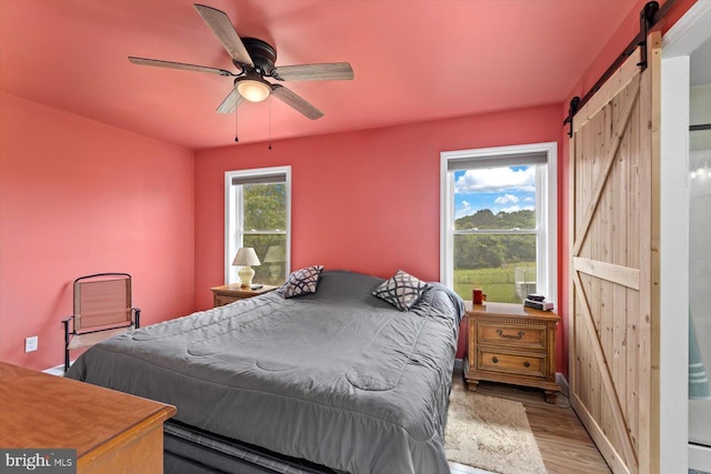 bedroom with ceiling fan, a barn door, and light wood-type flooring