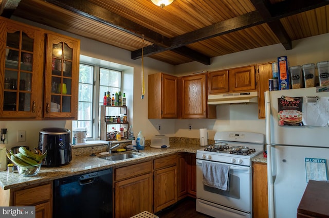 kitchen featuring beamed ceiling, white appliances, wood ceiling, sink, and light stone countertops