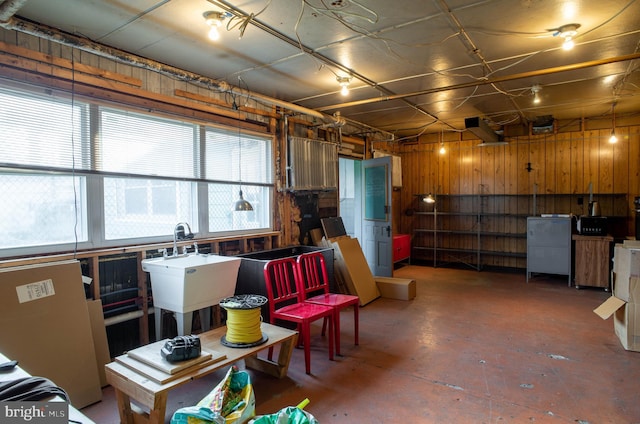 basement with plenty of natural light, sink, and wood walls