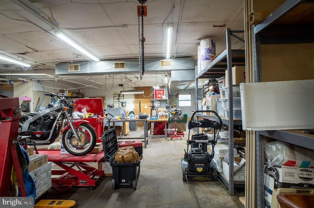 garage with a workshop area