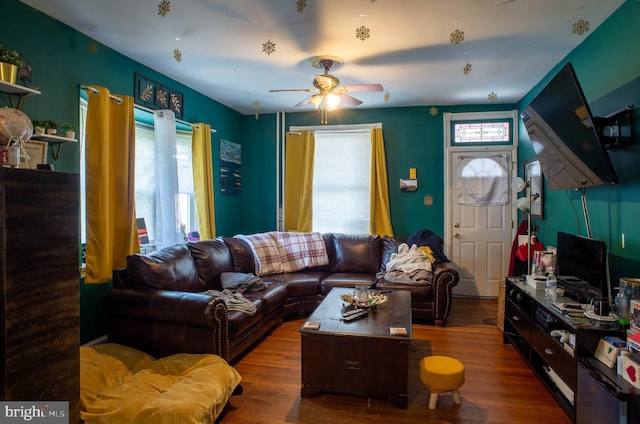 living room featuring ceiling fan, dark hardwood / wood-style flooring, and a wealth of natural light