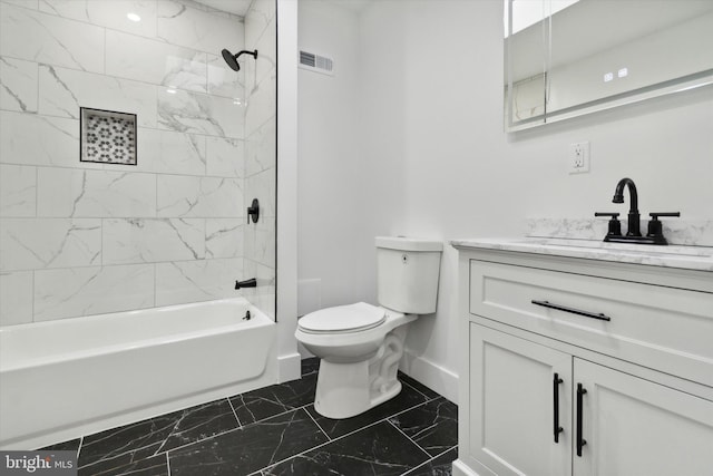 full bathroom featuring tiled shower / bath combo, vanity, and toilet