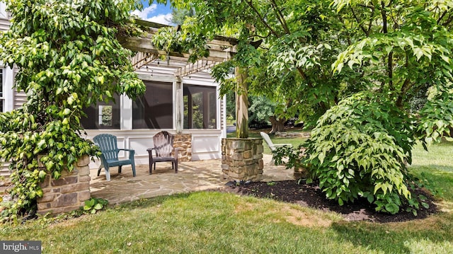 view of yard featuring a patio area and a sunroom