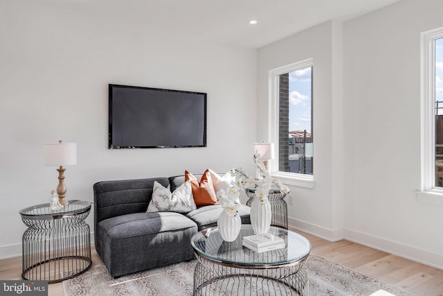 living room with plenty of natural light and light hardwood / wood-style flooring