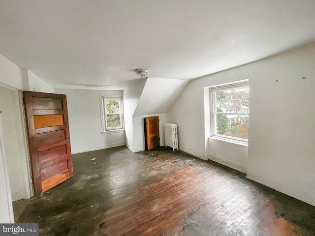 additional living space featuring vaulted ceiling, radiator, and dark wood-type flooring