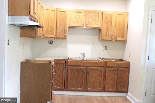 kitchen with light wood-type flooring, sink, and range hood